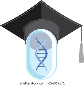 Square academic hat with DNA helix inside glass tube. Vector illustrations