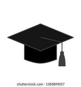 Square academic hat isolated on white background. Dark graduate cap in flat style. Mortarboard cap illustration. Vector stock illustration.