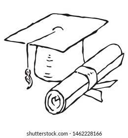 Square academic hat with a tassel. Graduation. Diploma rolled into roll. Scroll with a ribbon. Vector illustration. Simple hand drawing icon.