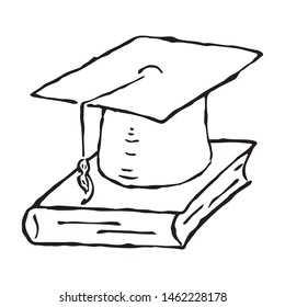 Square academic hat with a tassel on the book. Graduation. Vector illustration. Simple hand drawing icon.