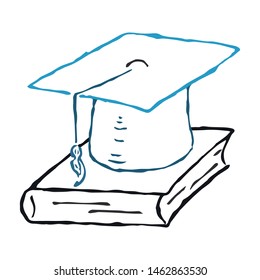 Square academic hat with a tassel on the book. Graduation. Vector illustration. Simple hand drawing icon.