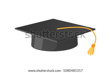 Square academic hat with tassel vector illustration icon isolated on white. Mortarboard cup symbol of wisdom and magisters graduation from university