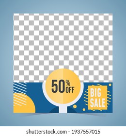 Plantilla de anuncios para medios sociales. Fondo amarillo y azul, con diseño geométrico abstrack. Adecuado para publicar anuncios en sitios web.