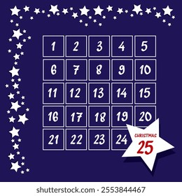 Square advent calendar with a frame of white stars on the left on a blue background and a large star with a red holiday date inside. Traditional countdown to the holiday. Vector illustration