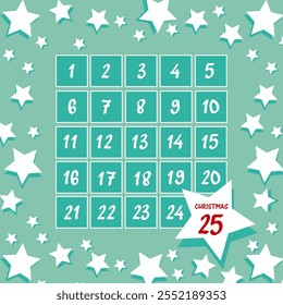 Square advent calendar with numbers in a frame of white stars on a green background with a large star and a red Christmas date inside. Vector vertical illustration for design and print