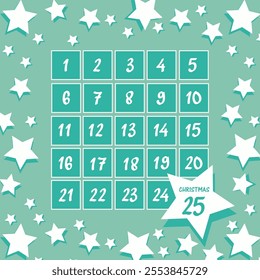 Square advent calendar with numbers in a frame of white stars on a green background with a large star and a red Christmas date inside. Traditional countdown to the holiday