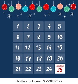 Square advent calendar with numbers, stars and glass colored Christmas tree balls on blue background. Traditional countdown to the holiday. Vector illustration for design and print