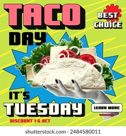 Square advertising banner with tacos in retro collage style. Large taco with halftone effect. Y2k style taco day special offer template.