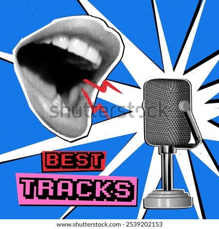 Square advertising cover. Open lips scream into the microphone. Explosive retro collage with textures and halftones on a blue background.