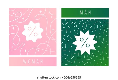 A square advertising post instagram about a discount. A set of two posts. One for women, the other for men. Green and pink background with abstract flat graphics and a percentage symbol