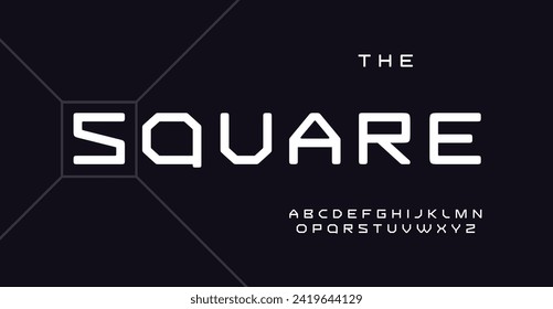 Square alphabet, bold block letters, simple cubic font for modern tech sport logo, headline, contemporary typography. Minimal, clean, geometric design. Vector typeset.