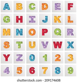 square alphabet icons with polygon patterns, isolated on white with transparencies