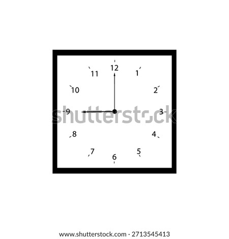 Square analog clock icon displaying nine o'clock exactly. Perfect for school hours traditional work start times or a clear time marker in any infographic.