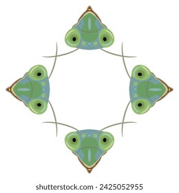 Square animal border or rectangular frame with four green heads of praying mantis insect. Tenodera sinensis. Isolated vector illustration on white background.