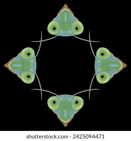 Square animal border or rectangular frame with four green heads of praying mantis insect. Tenodera sinensis. Isolated vector illustration on black background.