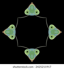 Square animal border or rectangular frame with four green heads of praying mantis insect. Tenodera sinensis. Isolated vector illustration on black background.