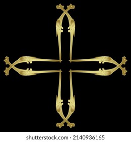 Square animal cross design with fantastic medieval dragons. Gothic illuminated manuscript style. Golden glossy silhouette on black background.