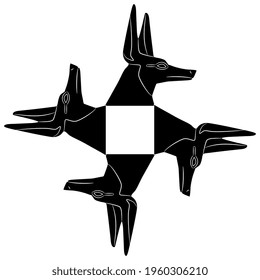 Diseño de cruces de animales cuadradas con cuatro cabezas de jackal egipcio o canino dirigiéndose al dios Anubis. Silueta blanca y negra.