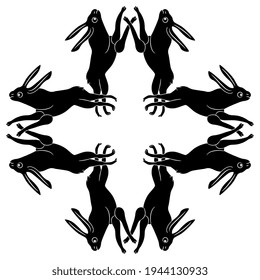 Square animal cross shape design with hares or rabbits. Black and white silhouette. Antique Celtic or Roman motif.
