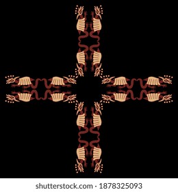 
Square animal design. Cross with four fantastic dragons. Native American art of Peruvian Moche Indians.