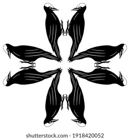 Square animal design or cross with woodpecker birds. Black and white linear silhouette.