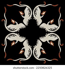Square animal design with flying birds. Traditional ethnic Chinese style. White cranes or phoenixes on black background.