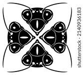 Square animal design with four heads of praying mantis insect. Tenodera sinensis. Black and white negative silhouette. Logo style.