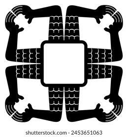 Square animal design or frame with stylized eagle claws. Bird of pray legs with talons. Ethnic indigenous motif of Maya Indians. Black and white silhouette.