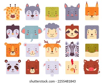 Square animal faces set for UI or mobile application. Cute kawaii avatars collection for kids game, simple head icons in bright color, flat vector illustration isolated on white background