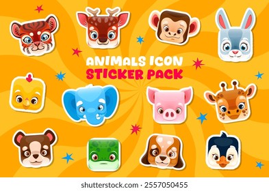 Square animal faces stickers pack of cartoon funny zoo pets characters, vector icons. Cute animals faces square stickers of elephant with tiger and monkey, penguin and dog with pig or bear and giraffe