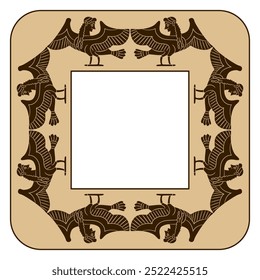 Square animal frame with ancient Greek Sirens. Fantastic bird with head of a woman. Mythological creature. Vase painting style.