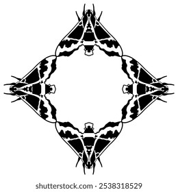 Square animal frame design with four Cizara sculpta moths. Beautiful Sphingida butterfly with spotted winged. Black and white silhouette.
