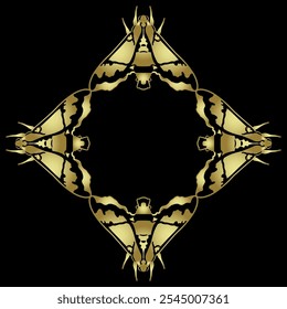 Square animal frame design with four Cizara sculpta moths. Beautiful Sphingida butterfly with spotted winged. Golden glossy silhouette on black background.