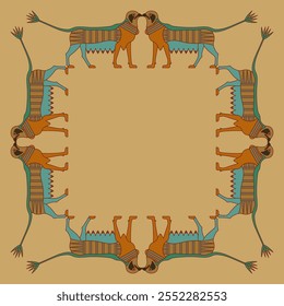 Square animal frame with fantastic griffins with lotus tails. Ancient Egyptian ethnic design.