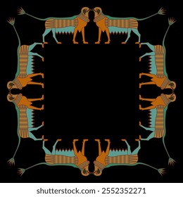 Square animal frame with fantastic griffins with lotus tails. Ancient Egyptian ethnic design.