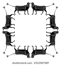 Square animal frame with fantastic griffins with lotus tails. Ancient Egyptian ethnic design. Black and white silhouette.