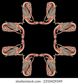 Square animal frame with fantastic medieval dragons. Illuminated manuscript style. On black background.