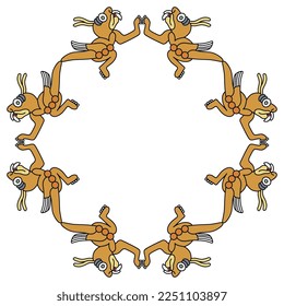 Square animal frame with fantastic monster locusts. Native American art of Aztec Indians from Mexican codex. Isolated vector illustration. 