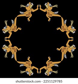 Square animal frame with fantastic monster locusts. Native American art of Aztec Indians from Mexican codex. On black background.
