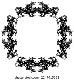 Square animal frame with fantastic winged dragons. Black and white silhouette.