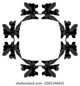 
Square animal frame with flying birds. Ancient Greek vase painting style. Black and white silhouette.