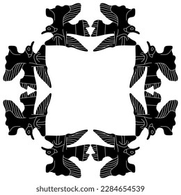 Square animal frame with flying birds. Ancient Greek vase painting style. Black and white silhouette.