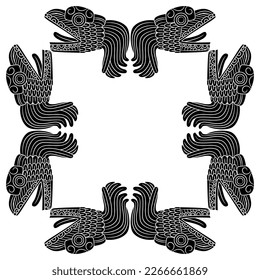 Square animal frame with heads of Quetzalcoatl. Feathered serpent of Maya Indians. Native American dragon from Indigenous mythology. Black and white silhouette.