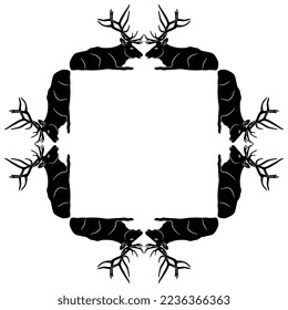 Square animal frame with lying deer or elks with antlers. Black and white silhouette. Christmas design.