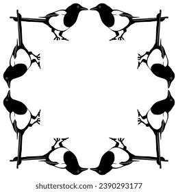 Square animal frame with magpies. Black and white silhouette.