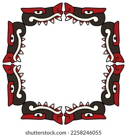 Square animal frame with monster animal heads with sharp teeth. Native American art of Aztec Indians from Mexican codex. Isolated vector illustration.