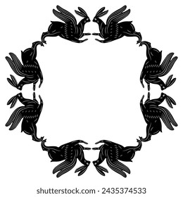 Square animal frame with running winged hares or rabbits. Ancient Greek or Roman ethnic motif. Black and white silhouette.