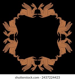 Square animal frame with running winged hares or rabbits. Easter design. Ancient Greek or Roman ethnic motif. Vase painting style.