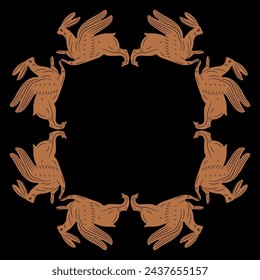 Square animal frame with running winged hares or rabbits. Easter design. Ancient Greek or Roman ethnic motif. Vase painting style.