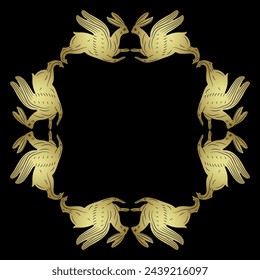 Square animal frame with running winged hares or rabbits. Easter design Ancient Greek or Roman ethnic motif. Golden glossy silhouette on black background.